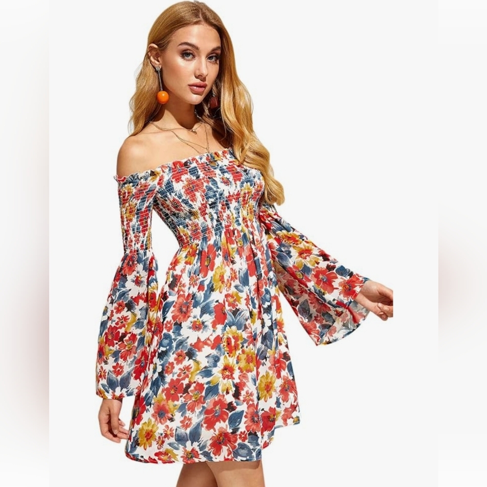 Off Shoulder Trumpet Sleeve Swing Dress